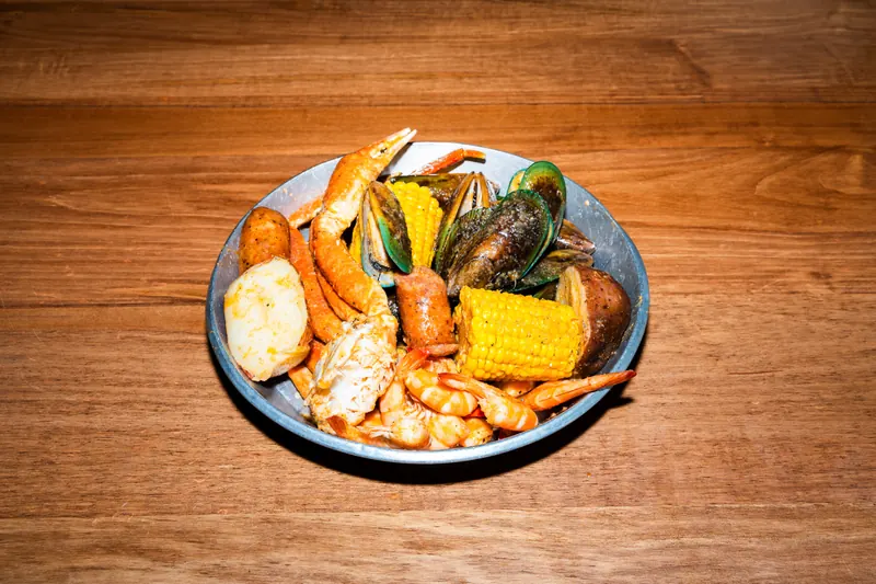 BC Combo 3 — snow crab, mussels and shrimp with corn, potatoes and sausage in Cajun garlic butter at Big Crab