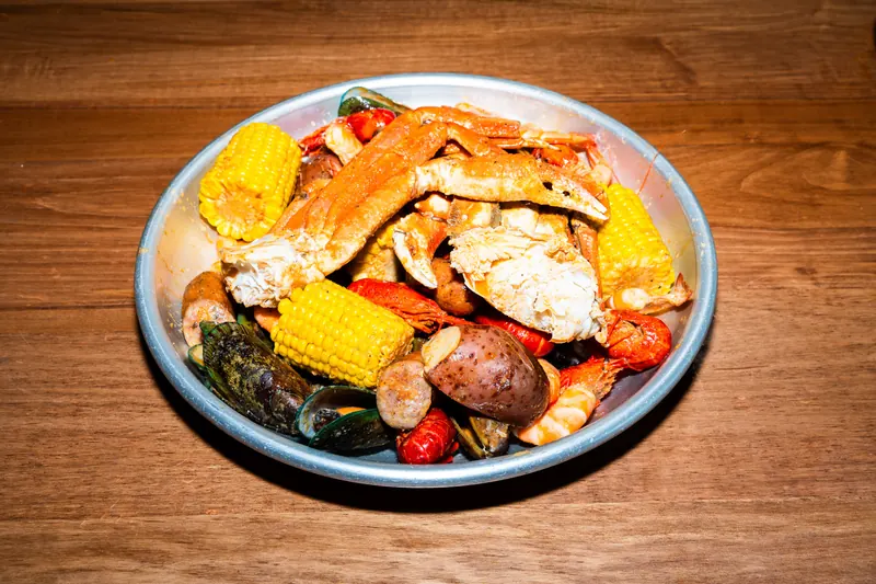 BC Combo 4 — snow crab clusters, mussels, crawfish and shrimp with corn, potatoes and sausage in Cajun garlic butter at Big Crab