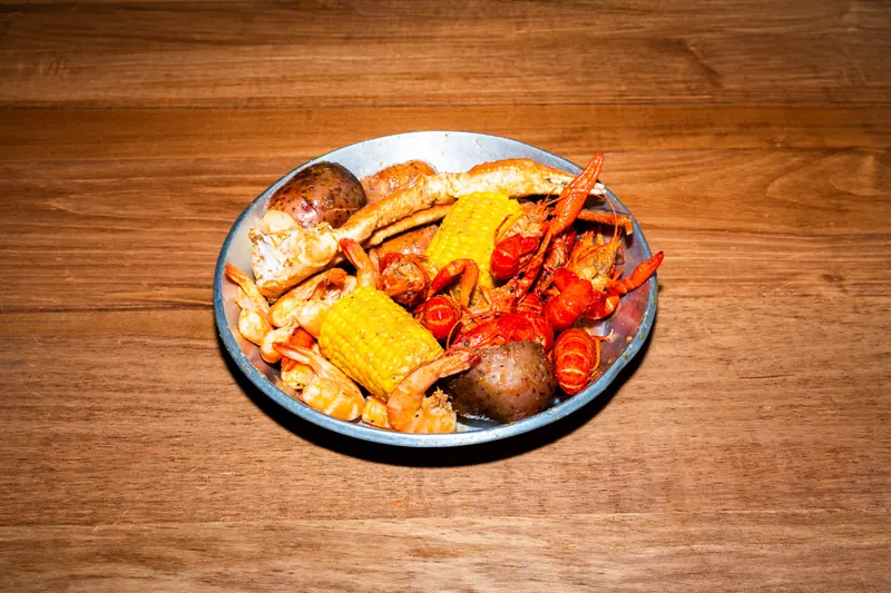 BC Combo 2 — snow crab, crawfish and shrimp with corn, potatoes and sausage in Cajun garlic butter at Big Crab